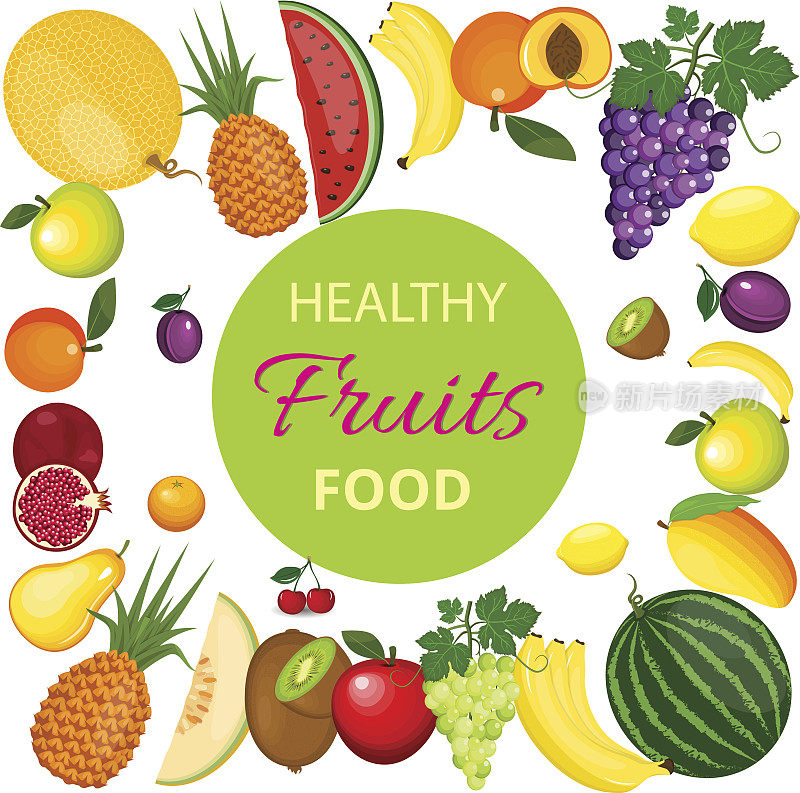Healthy fruits and vegetarian food banners on green blackboard. Fresh organic food, healthy eating vector background with place for text.